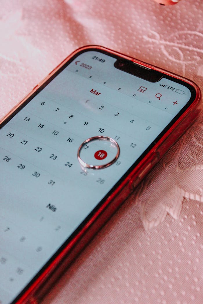 Home A smartphone displaying a calendar with March 18th highlighted, signifying an important date.